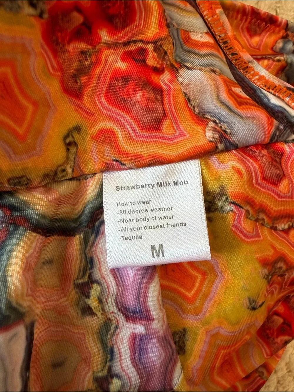 Strawberry Milk Mob Agate Geode Print Cutout Tie Back Bikini Top M